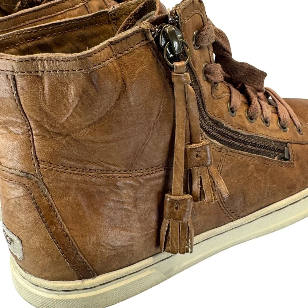 UGG Blaney Brown Leather High Top Sneakers Tassel Side Zip Womens Size 7.5 Shoes